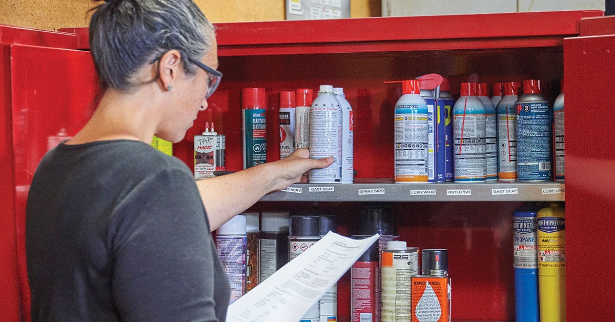 person looking at chemicals in workplace