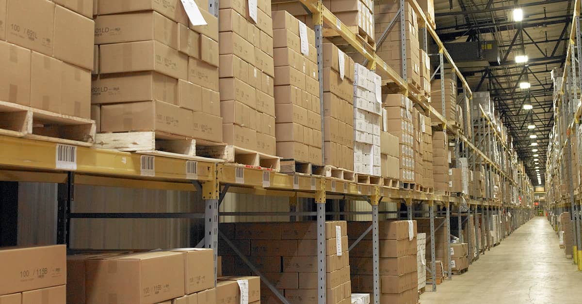 Storage racks in a warehouse