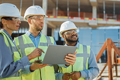 Two males and one female with hardhats holding a laptop